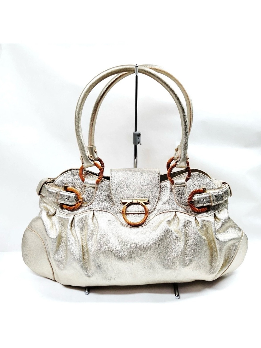 Authentic Salvatore Ferragamo Gancini Leather Metallic Bag